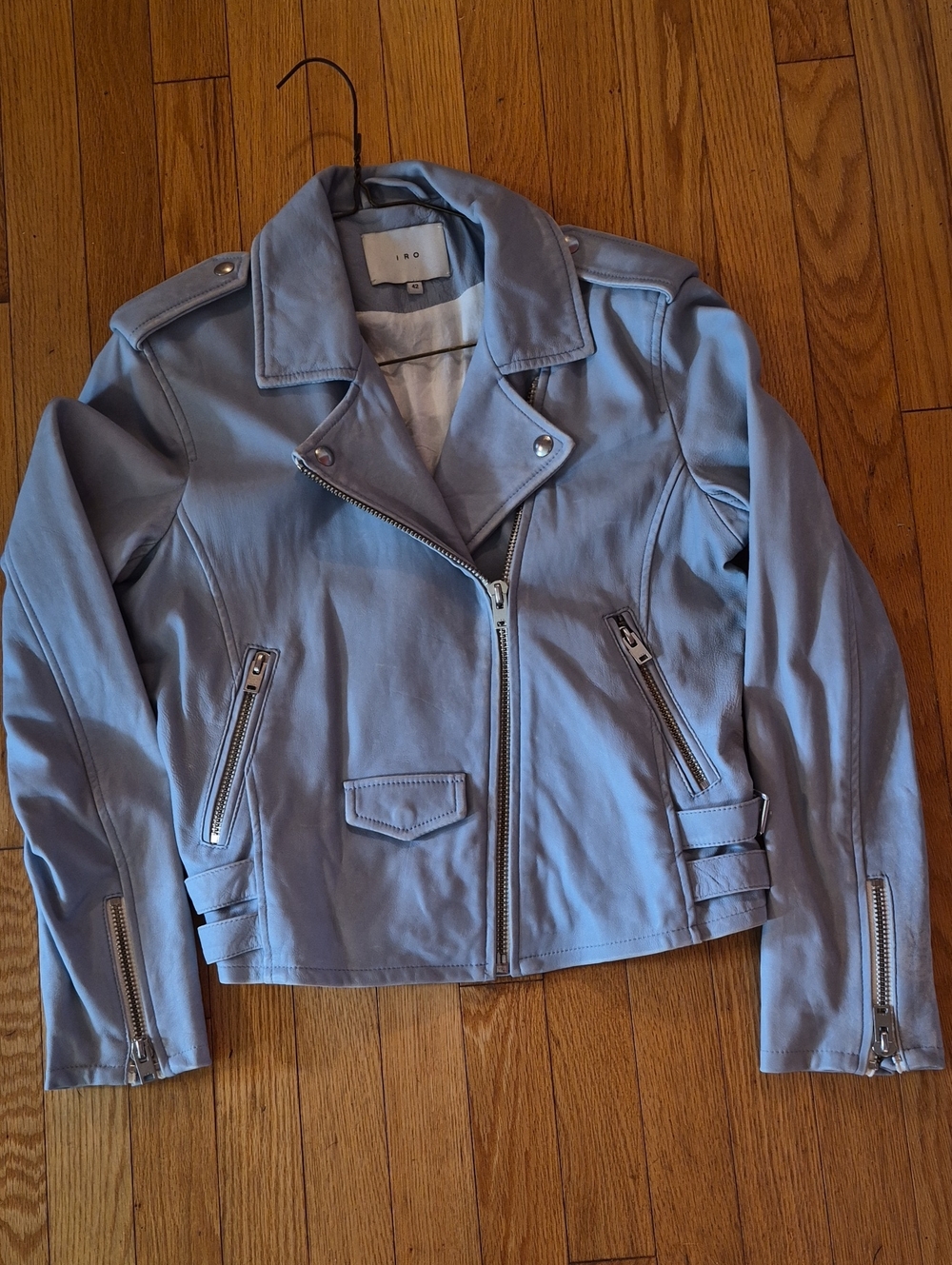IRO Paris Ditressed Blue Leather Ashville Biker Jacket Size 42